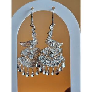 Sterling Silver 925 Filigree Peacock Drop Earrings - Vintage Boho Dangle Jewelry